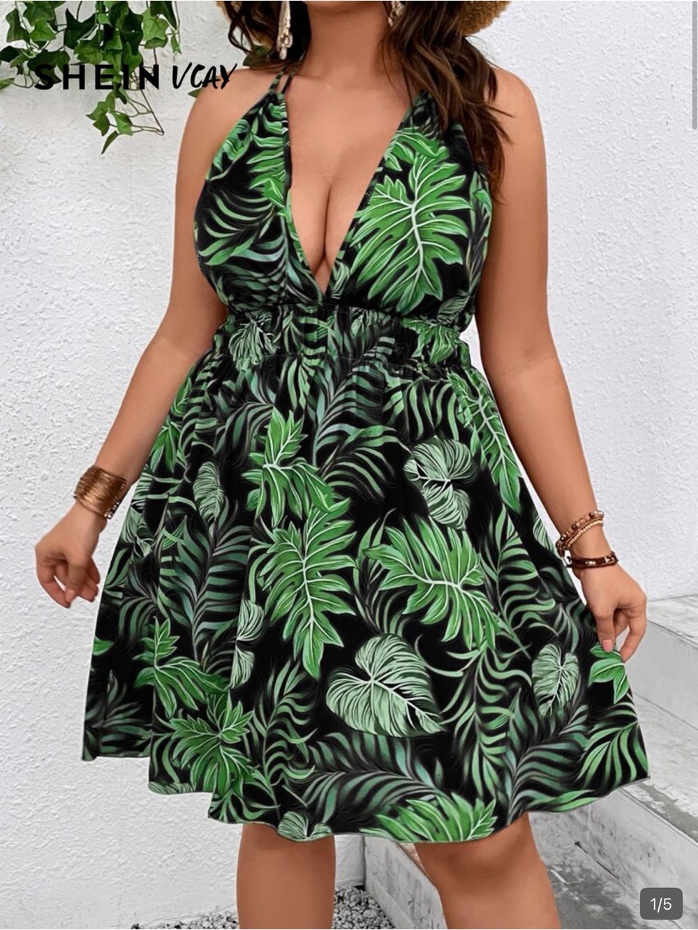 SHEIN Black & Green Tropical Halter Mini Dress